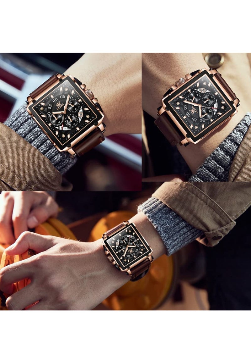 أوليفز ساعة OLEVS للرجال متعددة الوظائف مصنوعة من الجلد، كوارتز، ساعة كلاسيكية مربعة الشكل 9919 - Image 2