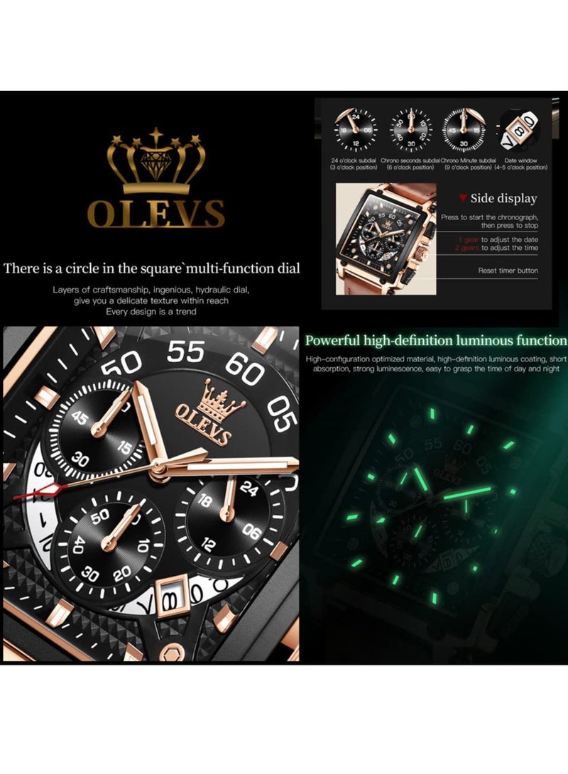 أوليفز ساعة OLEVS للرجال متعددة الوظائف مصنوعة من الجلد، كوارتز، ساعة كلاسيكية مربعة الشكل 9919 - Image 3