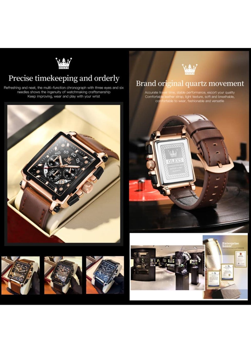 أوليفز ساعة OLEVS للرجال متعددة الوظائف مصنوعة من الجلد، كوارتز، ساعة كلاسيكية مربعة الشكل 9919 - Image 5