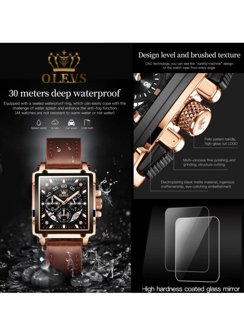 أوليفز ساعة OLEVS للرجال متعددة الوظائف مصنوعة من الجلد، كوارتز، ساعة كلاسيكية مربعة الشكل 9919 - Image 4
