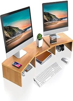 FITUEYES FITUEYES Dual Monitor Stand Riser - 3 Shelf Computer Laptop Stand, Length and Angle Adjustable, Home Office Desktop Organizer Stand, Bamboo Color DT108007BY 