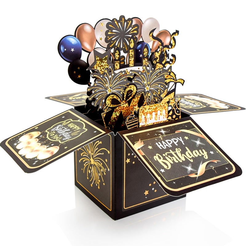 Wanateber Surprise Pop Up Happy Birthday Cards, Lovely 3D Birthday Card for Adults and Kids with Envelopes, Unique Design Handmade Foldable Greeting Cards for Daughter, Son, Mom, Dad, Friendï¼ˆBlackï¼‰ - Image 1