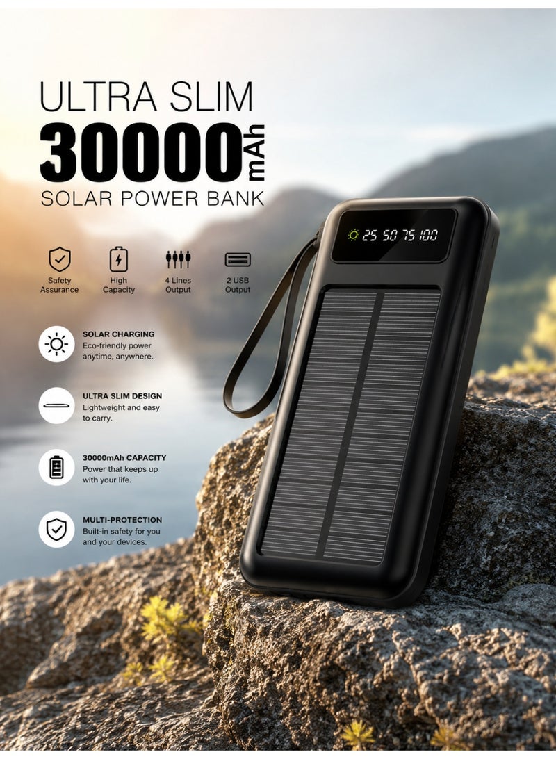 بنك طاقة شمسي محمول سريع الشحن مزود بـ 4 كابلات مدمجة (Micro USB، USB-C، iPhone، USB-A) بسعة 30000 مللي أمبير - Image 1