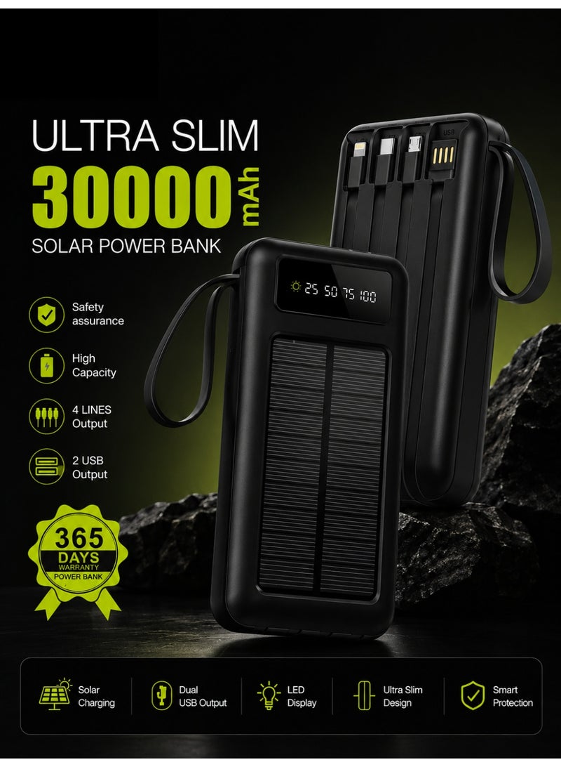 بنك طاقة شمسي محمول سريع الشحن مزود بـ 4 كابلات مدمجة (Micro USB، USB-C، iPhone، USB-A) بسعة 30000 مللي أمبير - Image 5