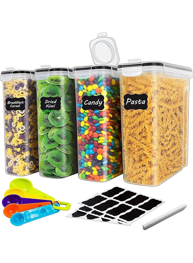 Green Tiger Large Cereal Containers Storage Set for Pantry, 4 Pack 4L/135 Oz Airtight Food Storage Containers BPA Free Plastic Containers with Lids for Sugar Flour Snack, Labels and Spoons Included,Black - Image 1
