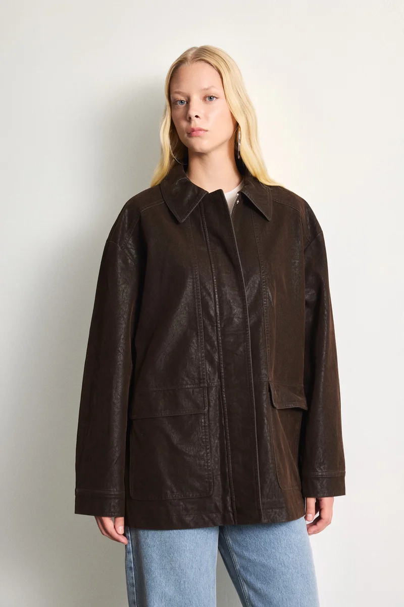 Defacto  Regular Fit Polo Collar Faux Leather Jacket for Women | Best Price UAE
