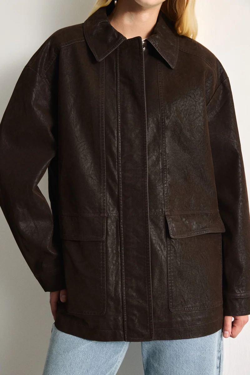 Defacto  Regular Fit Polo Collar Faux Leather Jacket for Women | Best Price UAE