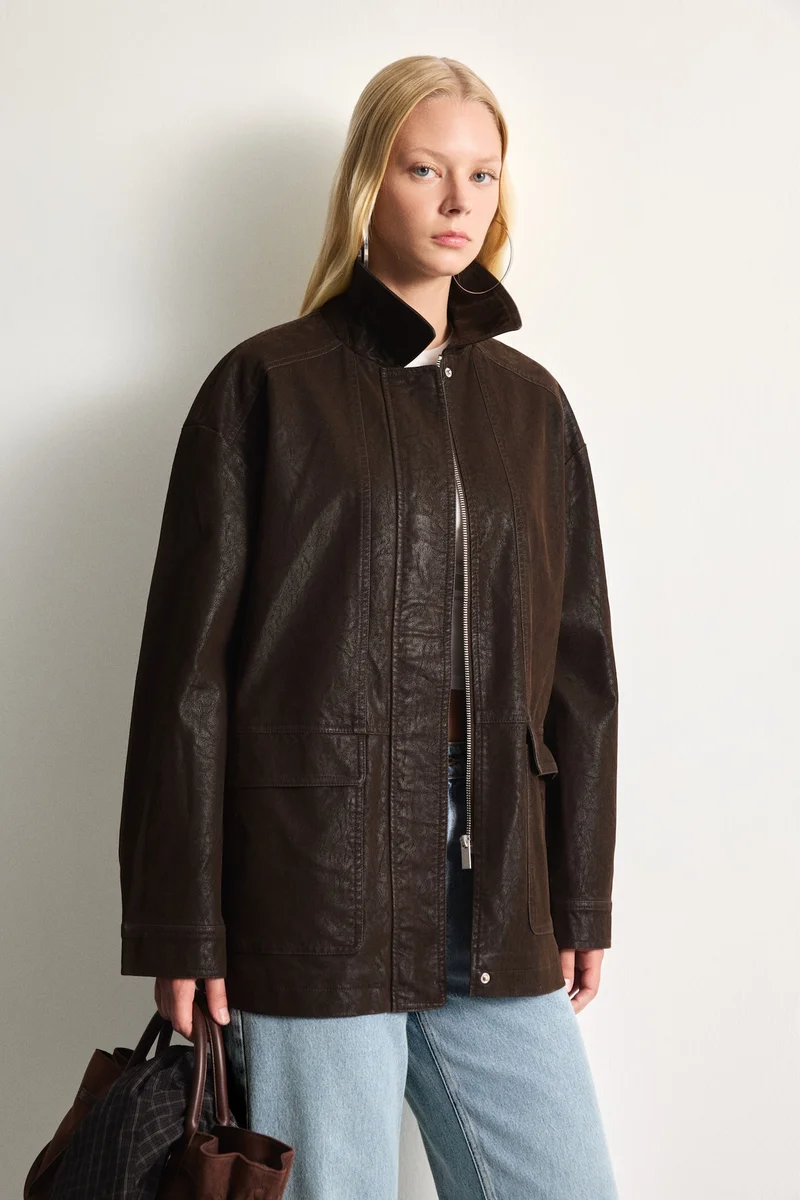 Regular Fit Polo Collar Faux Leather Jacket