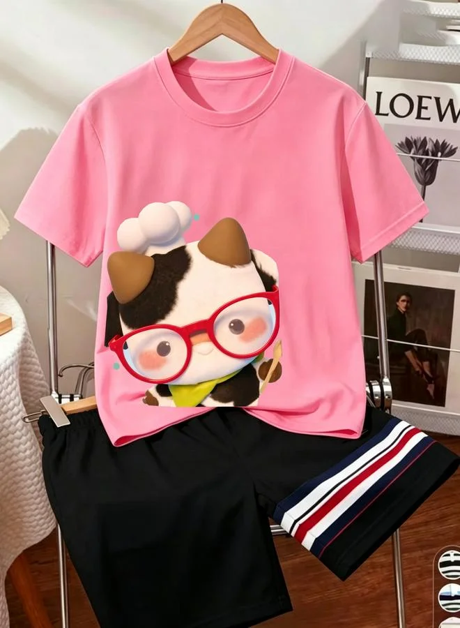 Take Two Pink Cotton Short Sleeve T-Shirt with Chef Cow Print