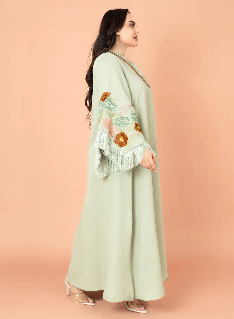 IKKXA Shimmer Detail Sleeves Embroidered Jalabiya Green