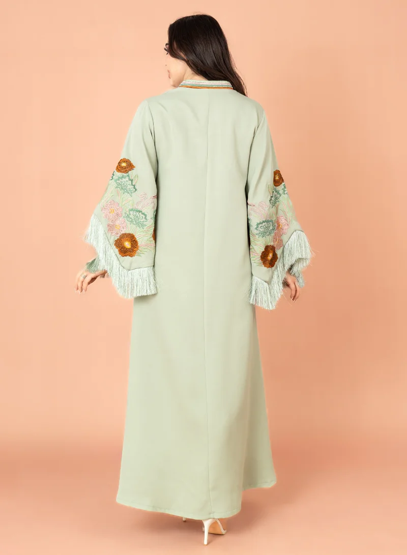 IKKXA Shimmer Detail Sleeves Embroidered Jalabiya Green