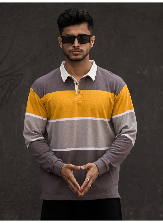 مانياك Mens Polo Neck Auto Striped Full Sleeve Grey and Yellow Cotton Oversized Fit T-Shirt