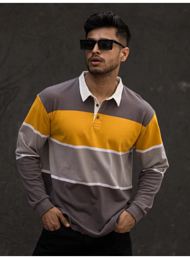 مانياك Mens Polo Neck Auto Striped Full Sleeve Grey and Yellow Cotton Oversized Fit T-Shirt