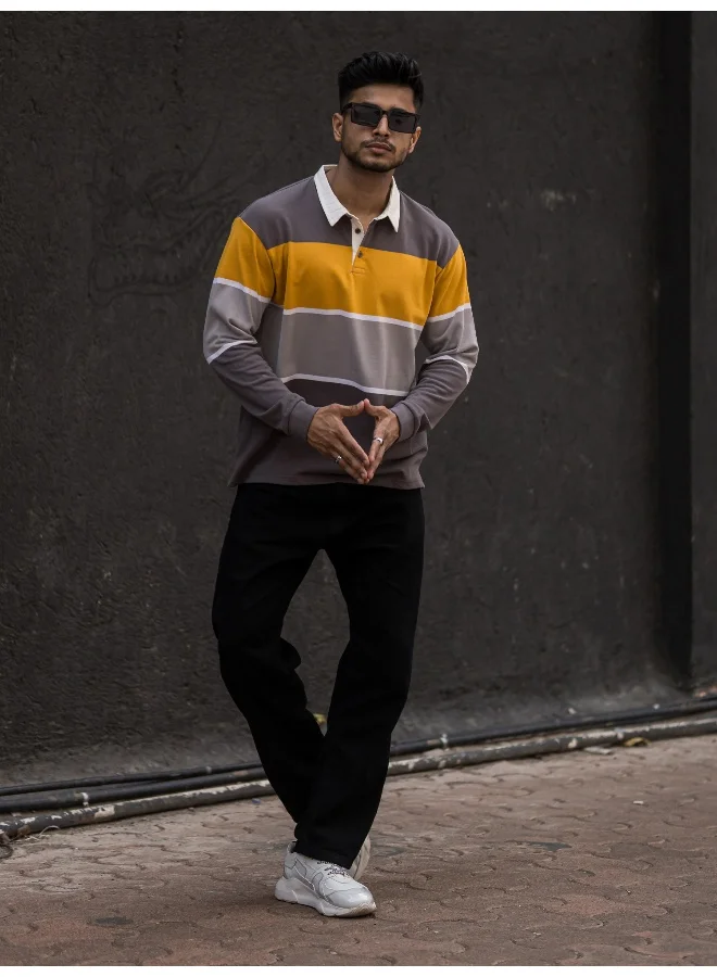 مانياك Mens Polo Neck Auto Striped Full Sleeve Grey and Yellow Cotton Oversized Fit T-Shirt