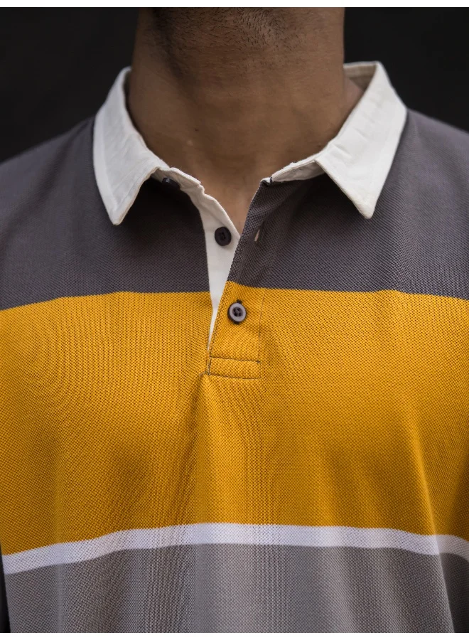مانياك Mens Polo Neck Auto Striped Full Sleeve Grey and Yellow Cotton Oversized Fit T-Shirt