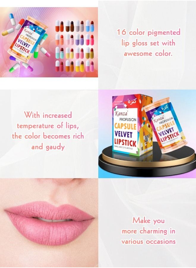 Kanza - 16 Pieces Mini Matte Lipsticks, Cute Capsule Waterproof Lipsticks Long Lasting Mini Capsules Lipstick Velvet Matte Lipstick Set - Image 1