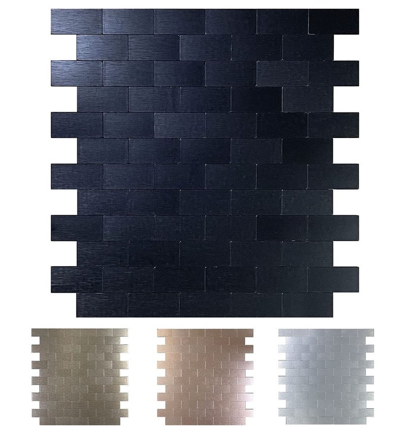 XUANINY 10-Sheet Peel and Stick Metal Backsplash Tiles, Self Adhesive Brushed Aluminum Subway 3D Wall Sticker for Kitchen Bathroom (12"x11.02") (10, Black Brushed) - Image 2