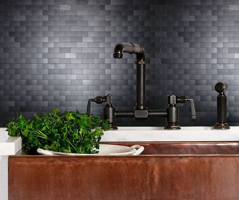XUANINY 10-Sheet Peel and Stick Metal Backsplash Tiles, Self Adhesive Brushed Aluminum Subway 3D Wall Sticker for Kitchen Bathroom (12"x11.02") (10, Black Brushed) - Image 4