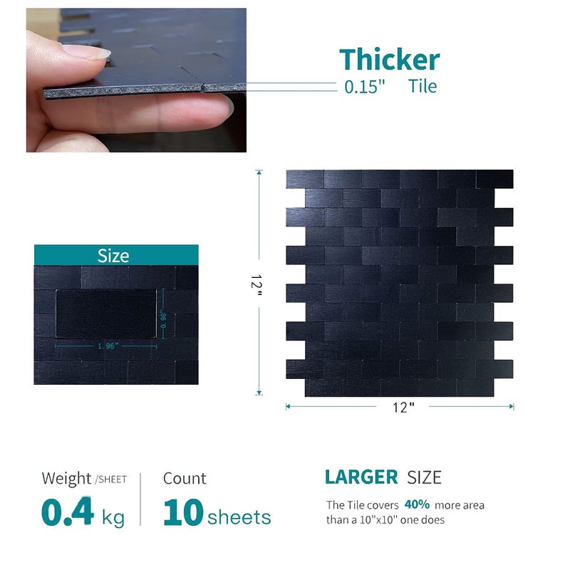 XUANINY 10-Sheet Peel and Stick Metal Backsplash Tiles, Self Adhesive Brushed Aluminum Subway 3D Wall Sticker for Kitchen Bathroom (12"x11.02") (10, Black Brushed) - Image 3