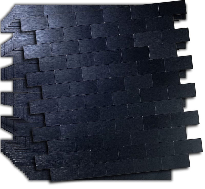 XUANINY 10-Sheet Peel and Stick Metal Backsplash Tiles, Self Adhesive Brushed Aluminum Subway 3D Wall Sticker for Kitchen Bathroom (12"x11.02") (10, Black Brushed) - Image 1