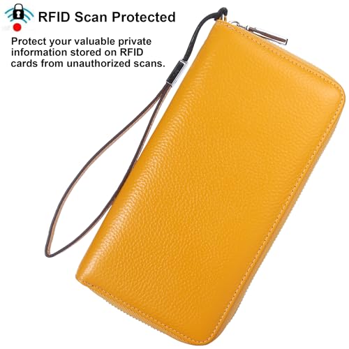 Lavemi Women's RFID Blocking 100% Leather Large Capacity Zip Around Wallet Phone Holder Clutch Travel Purse Wristlet(Large Size Pebbled Yellow) - Image 2