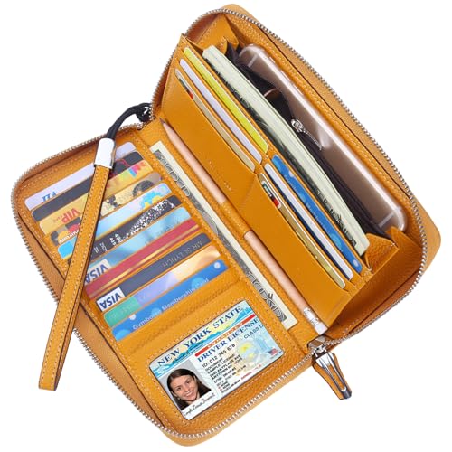 Lavemi Women's RFID Blocking 100% Leather Large Capacity Zip Around Wallet Phone Holder Clutch Travel Purse Wristlet(Large Size Pebbled Yellow) - Image 1