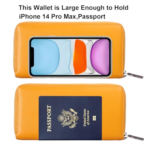 Lavemi Women's RFID Blocking 100% Leather Large Capacity Zip Around Wallet Phone Holder Clutch Travel Purse Wristlet(Large Size Pebbled Yellow) - Image 5