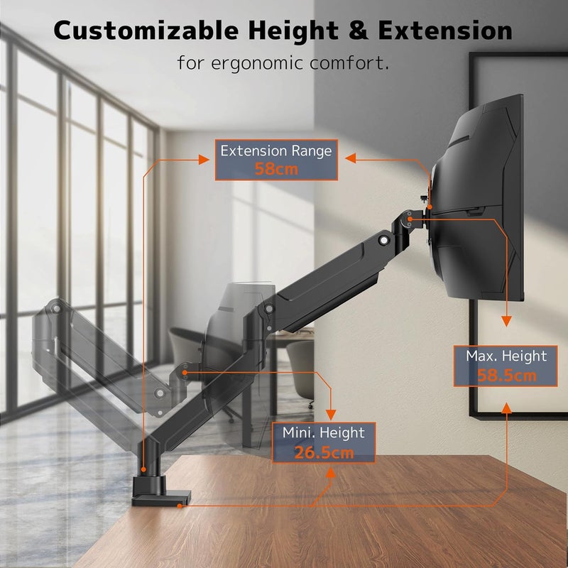 PUTORSEN 17-49 Inch Monitor Mount, Max 20 kg, Premium Aluminium Screen Mount for Flat/Curved Monitor with VESA 75 x 75/100 x 100 mm, Gas Spring Monitor Desk Mount - Image 5