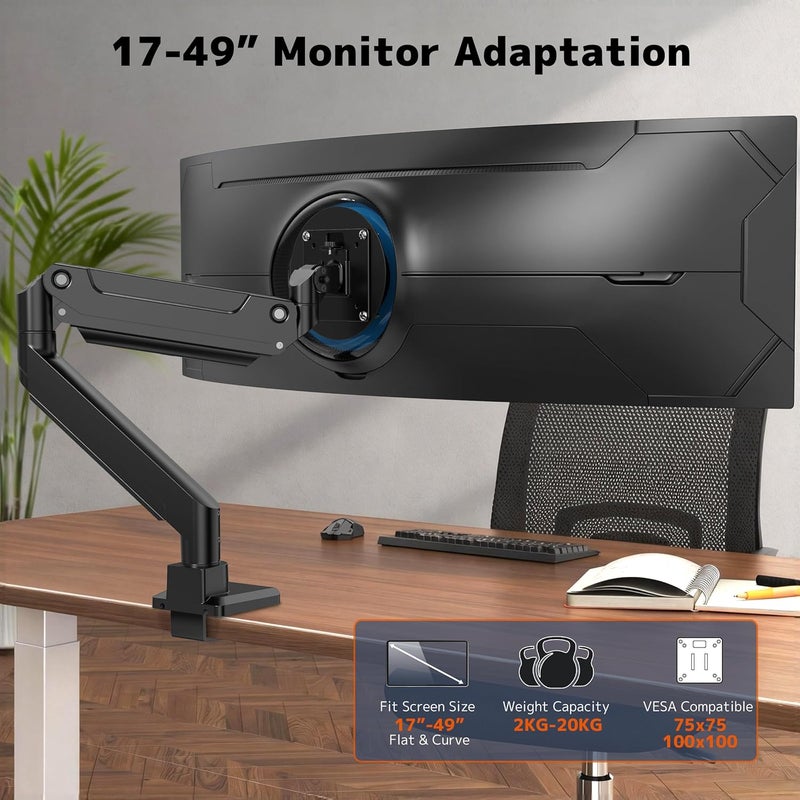 PUTORSEN 17-49 Inch Monitor Mount, Max 20 kg, Premium Aluminium Screen Mount for Flat/Curved Monitor with VESA 75 x 75/100 x 100 mm, Gas Spring Monitor Desk Mount - Image 3
