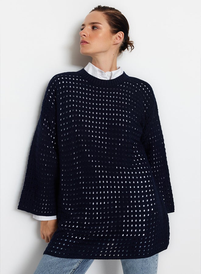 trendyol Navy Blue Relaxed Cut Openwork/Hole Knitted Sweater - Image 1