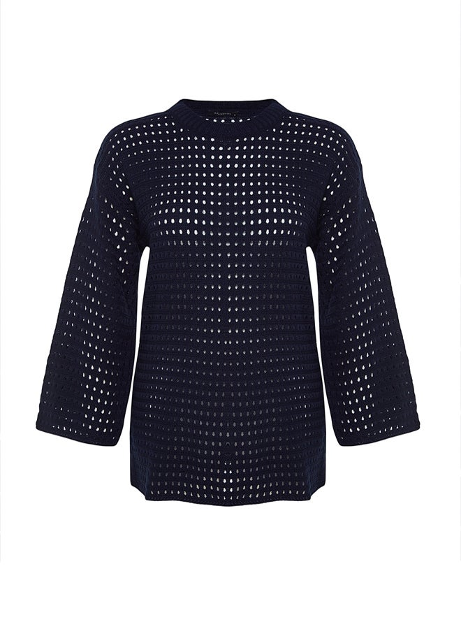 trendyol Navy Blue Relaxed Cut Openwork/Hole Knitted Sweater - Image 5
