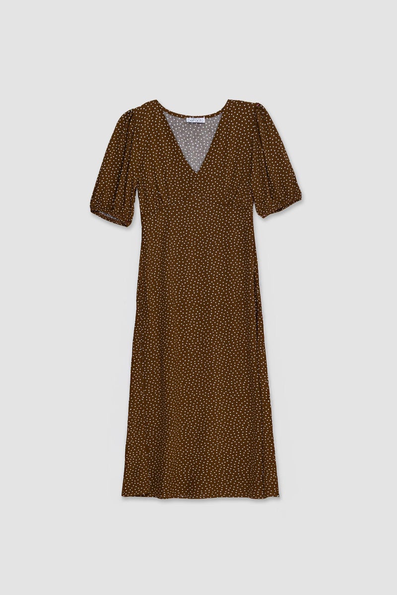 DeFacto Brown Woman A Line V-Neck Floral Midi Dress Casual - Image 1