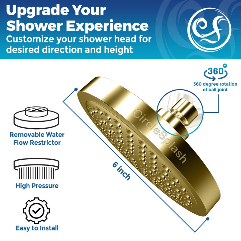 CircleSplash High Pressure Shower Head - Anti-Clogging Silicone Nozzles - 2.5 GPM Removable Restrictor - Easy to Clean Adjustable Replacement - easy to install with Plumbers Tape - 6 inch - Elegant Gold Finish - Image 4