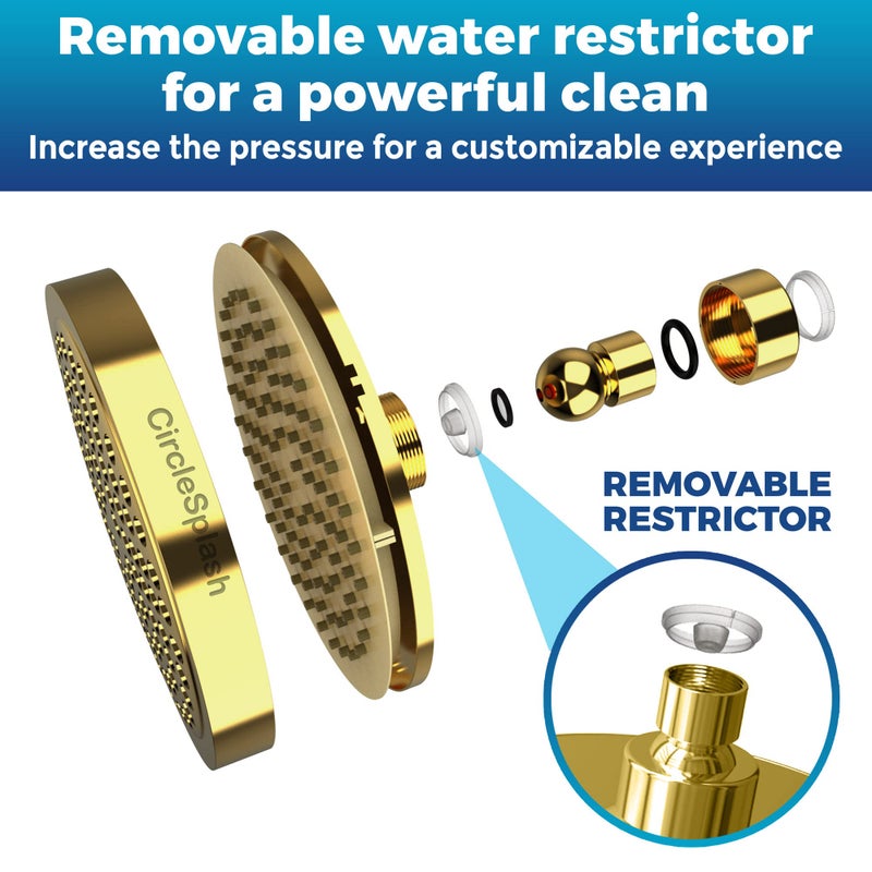 CircleSplash High Pressure Shower Head - Anti-Clogging Silicone Nozzles - 2.5 GPM Removable Restrictor - Easy to Clean Adjustable Replacement - easy to install with Plumbers Tape - 6 inch - Elegant Gold Finish - Image 5