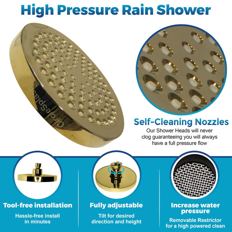 CircleSplash High Pressure Shower Head - Anti-Clogging Silicone Nozzles - 2.5 GPM Removable Restrictor - Easy to Clean Adjustable Replacement - easy to install with Plumbers Tape - 6 inch - Elegant Gold Finish - Image 2
