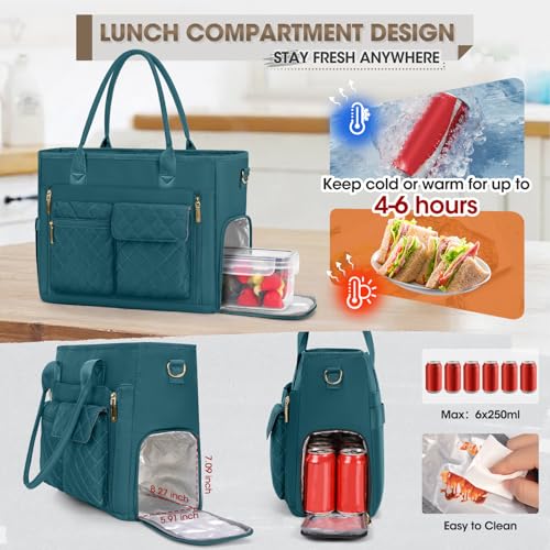 RAINSMORE Teacher Tote Bag with Insulated Lunch Compartment 15.6 inch Laptop Bag for Women Lightweight Work Bags Nurse Bags Professional Briefcase Computer Handbag for Office, College, Nursing, Green - Image 3