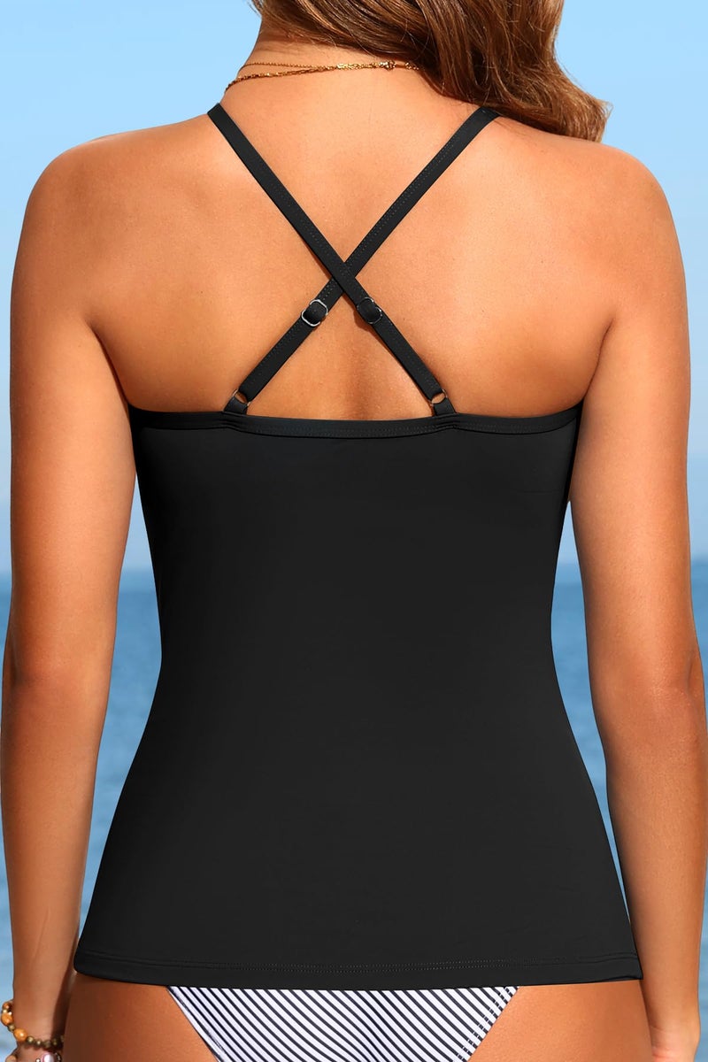Yonique Women Tankini Swim Top Only - High Neck Bathing Suit Tops Tummy Control Tank Top No Bottom Black XL - Image 2