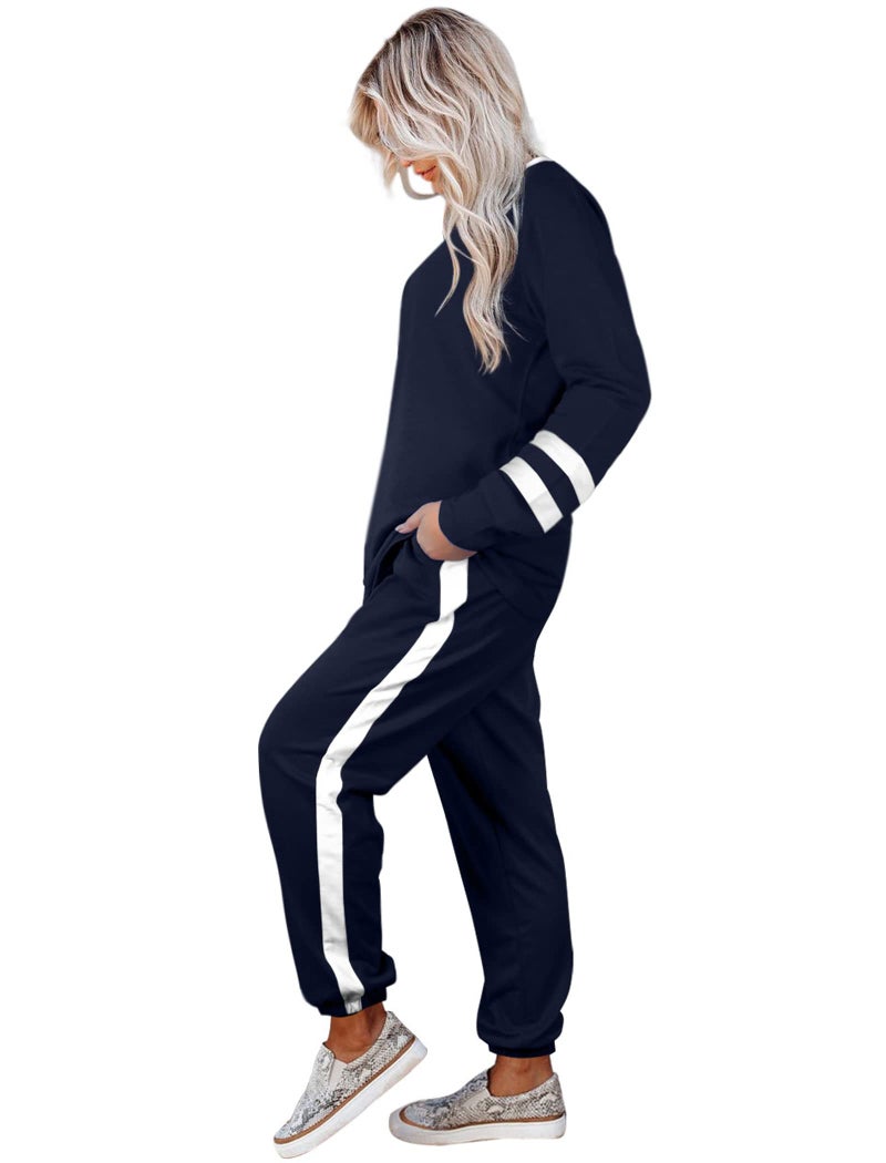 Aloodor Womens Sets 2 Piece Outfits Color Block Loungewear for Women Sets Deep Blue M - Image 3