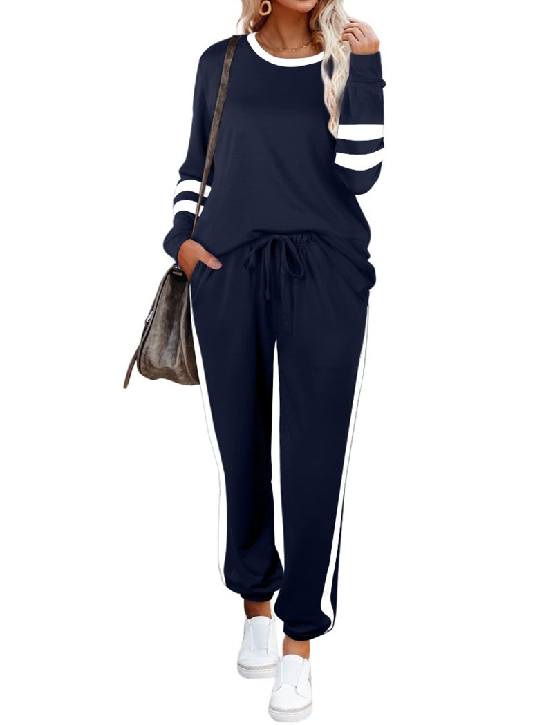 Aloodor Womens Sets 2 Piece Outfits Color Block Loungewear for Women Sets Deep Blue M - Image 2