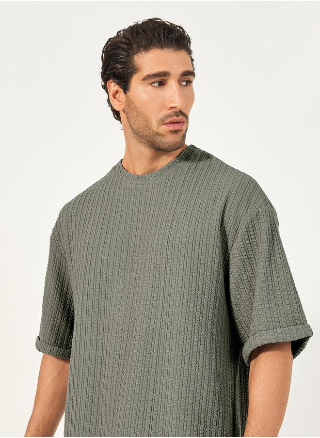 Styli Seersucker Textured Knit Boxy Fitted T-Shirt with Turn-Up Sleeves  - Image 3