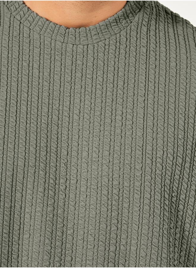 Styli Seersucker Textured Knit Boxy Fitted T-Shirt with Turn-Up Sleeves  - Image 4