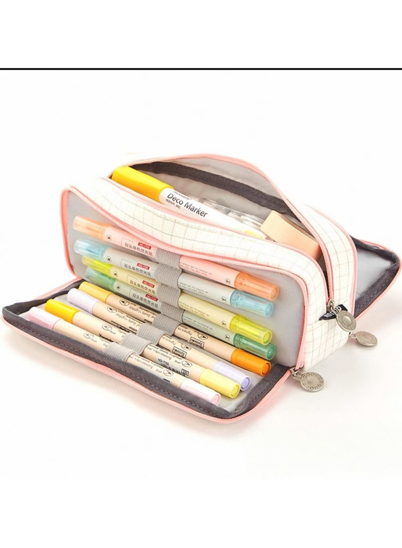 ANGOO large capacity pencil case with 3 compartments of canvas pencil case suitable for teenagers, boys, girls, and students (pink stripes, black grids) - Image 1