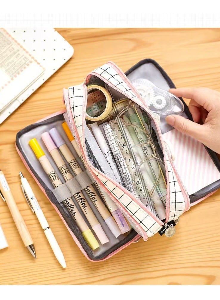 ANGOO large capacity pencil case with 3 compartments of canvas pencil case suitable for teenagers, boys, girls, and students (pink stripes, black grids) - Image 2