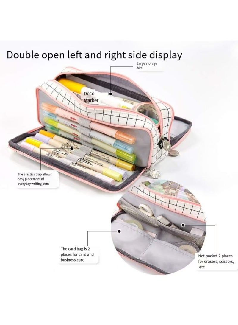 ANGOO large capacity pencil case with 3 compartments of canvas pencil case suitable for teenagers, boys, girls, and students (pink stripes, black grids) - Image 3