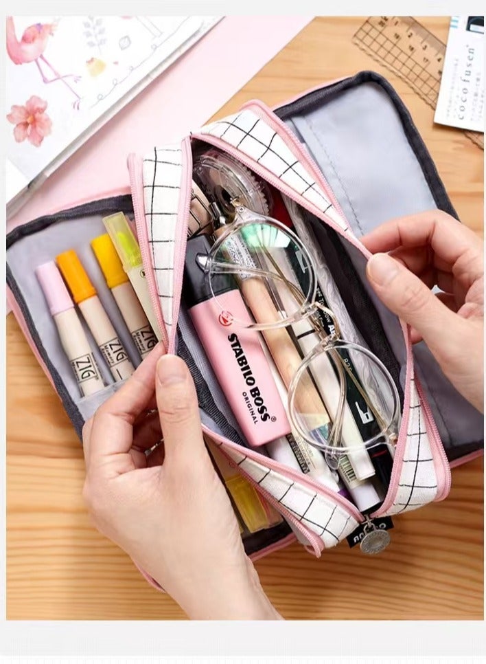 ANGOO large capacity pencil case with 3 compartments of canvas pencil case suitable for teenagers, boys, girls, and students (pink stripes, black grids) - Image 4