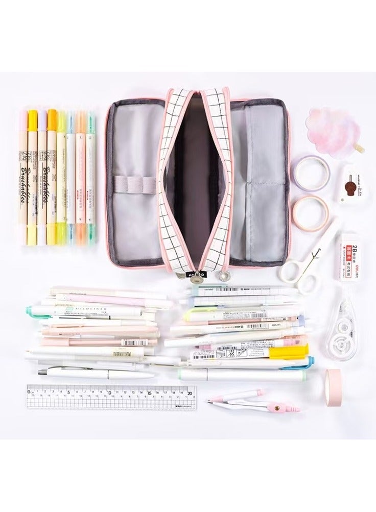 ANGOO large capacity pencil case with 3 compartments of canvas pencil case suitable for teenagers, boys, girls, and students (pink stripes, black grids) - Image 5