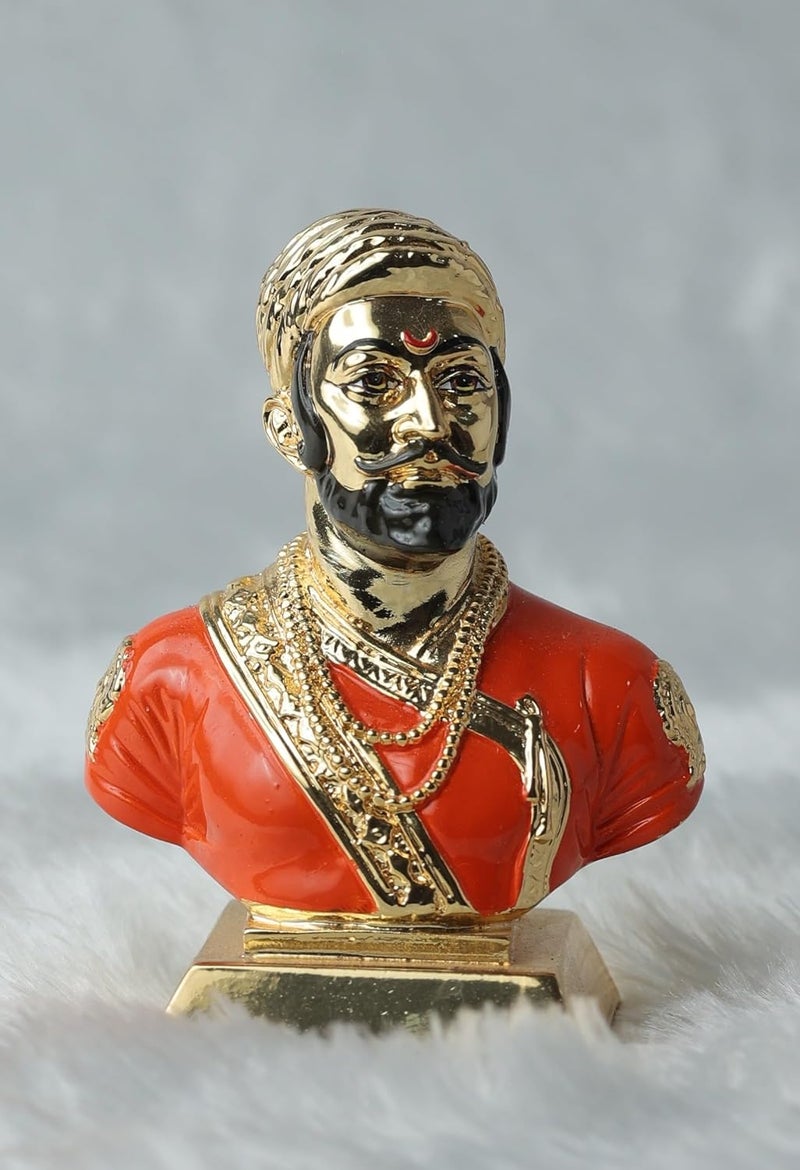 KRAFTRIUM 24K GOLD PLATING SHIVAJI GOLD KESARI 3 inch Chatrapati Shivaji Maharaj Statue Perfact for Car Dashboard Home decor and Office Uses - Image 1