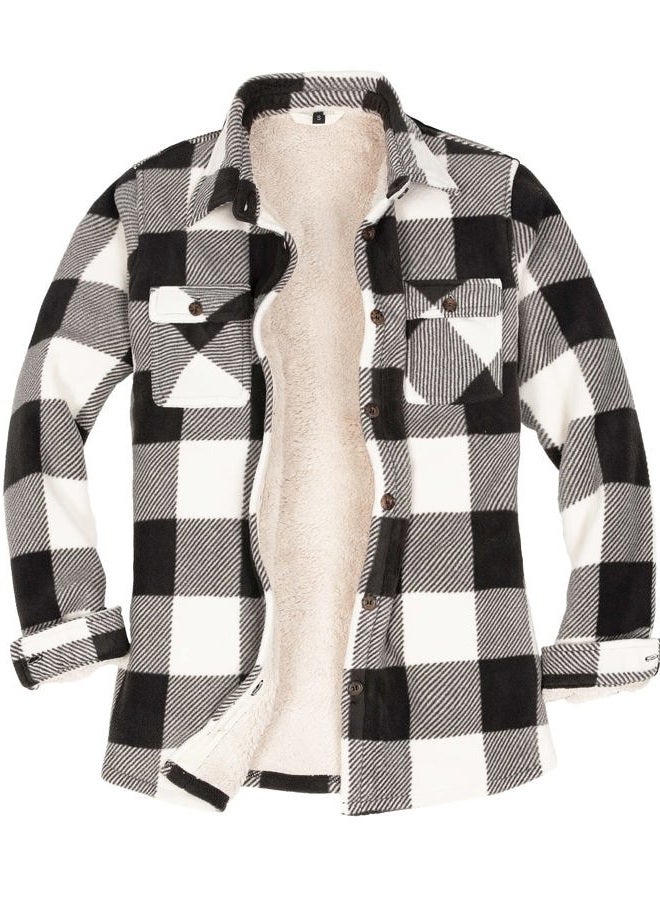 ThCreasa Womens Sherpa Fleece Lined Flannel Shirt Jacket Warm Button Up Plaid Shirt Jac (Sherpa Fleece Throughout), Sherpa Lined Black and White, L - Image 1