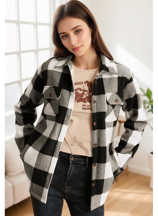 ThCreasa Womens Sherpa Fleece Lined Flannel Shirt Jacket Warm Button Up Plaid Shirt Jac (Sherpa Fleece Throughout), Sherpa Lined Black and White, L - Image 3