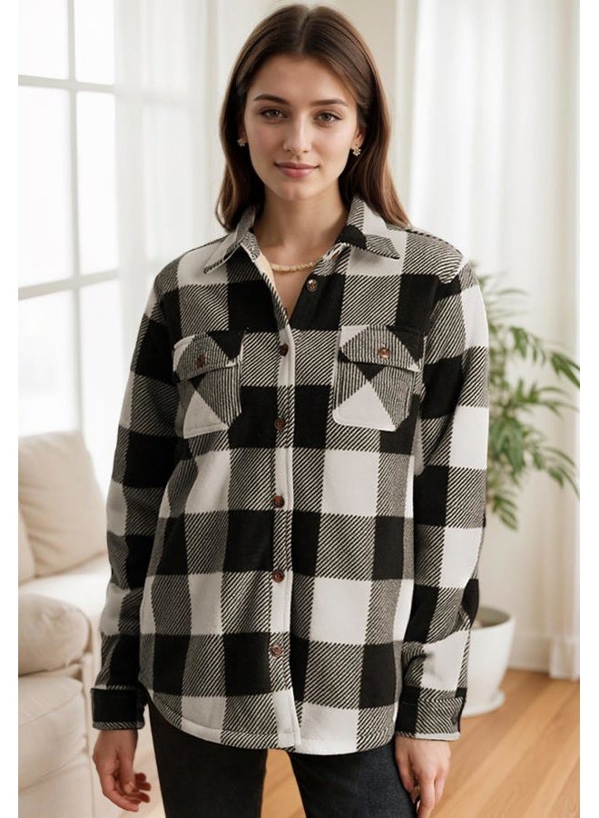 ThCreasa Womens Sherpa Fleece Lined Flannel Shirt Jacket Warm Button Up Plaid Shirt Jac (Sherpa Fleece Throughout), Sherpa Lined Black and White, L - Image 2